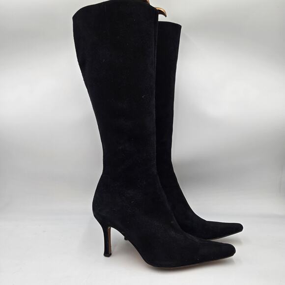 Donetello Black Suede Tall High Pointed Toe High Heel Boots 9 Italy High Quality - Picture 1 of 10